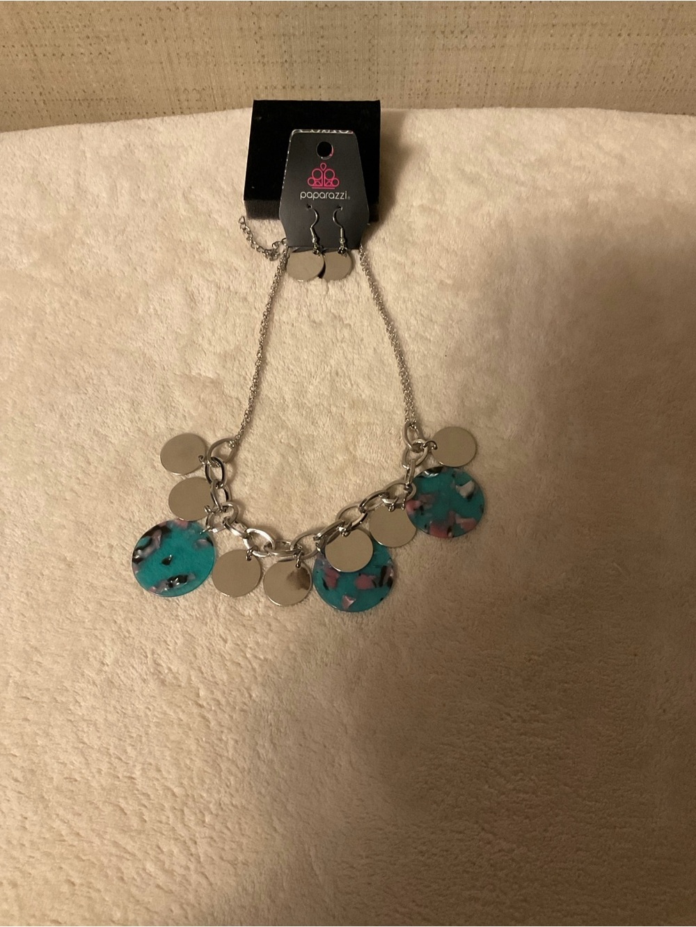 paparazzi Silver Tone Necklace with Turquoise and Pink Accent Discs
